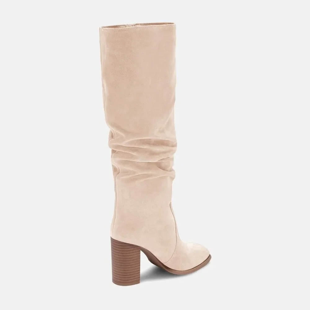 Women's Nude Chunky High Heel Square Zipper Wide Calf Knee High Boots